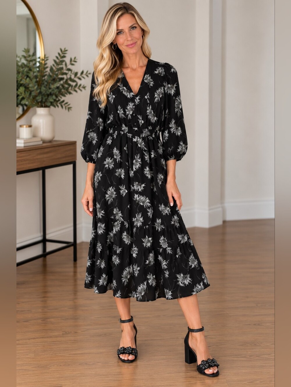 Talbots Black Floral Midi Dress